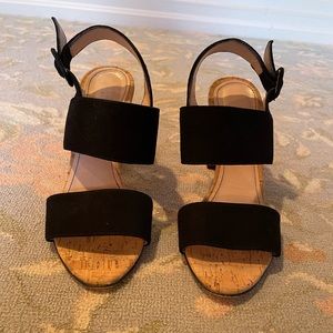 Barneys NY - Black Suede - Suede Leather Buckle - 3 1/2” Cork Heel - Size 36